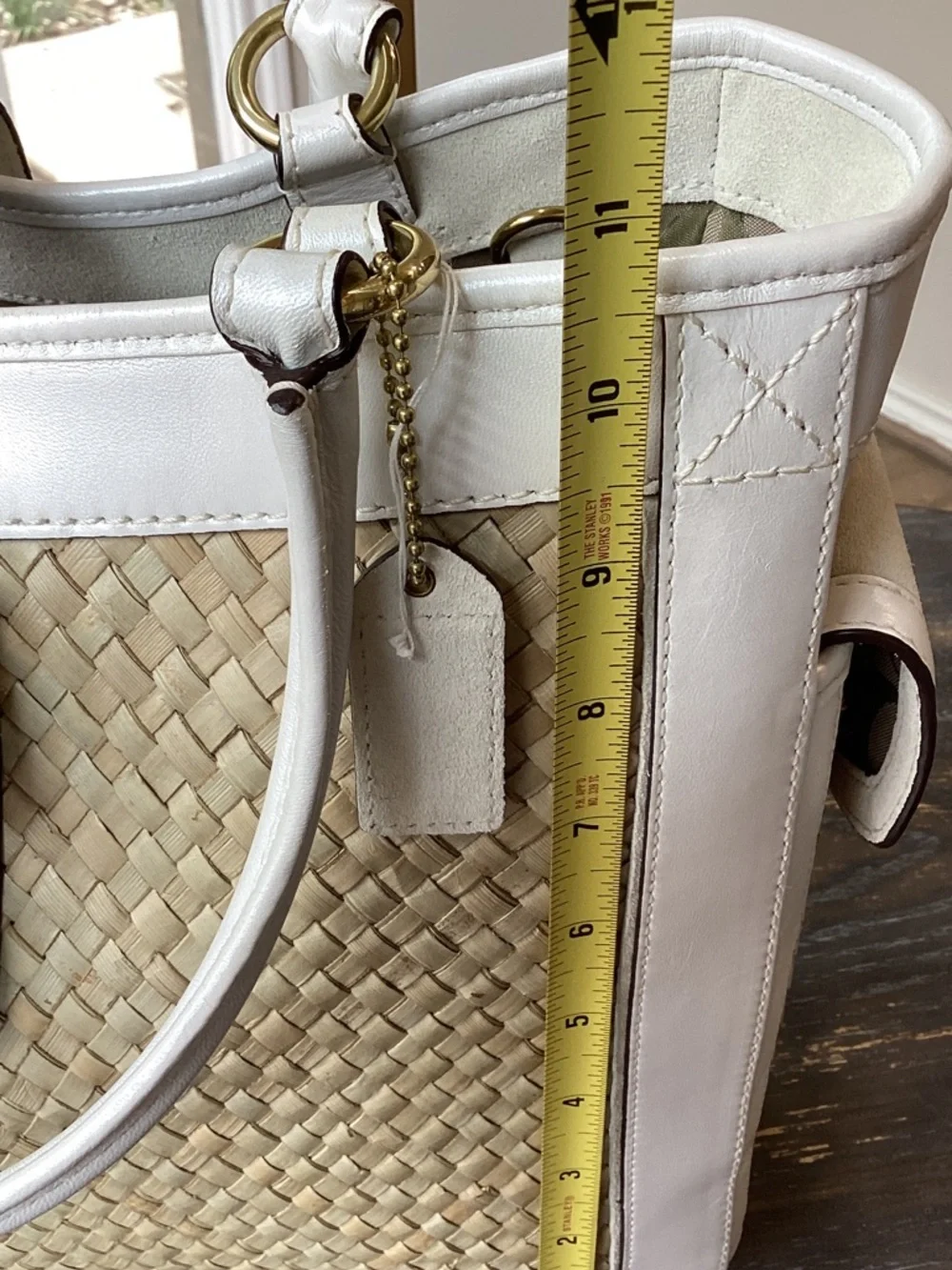 Coach White Leather Suede and Natural Woven Straw Tote with Gold Hardware - Picture 14 of 15